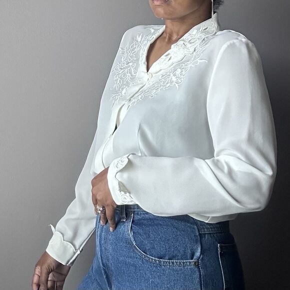 Vintage Karen Scott Button Up Blouse Fancy Collar Embroidered Ivory Womens Large - Picture 1 of 12